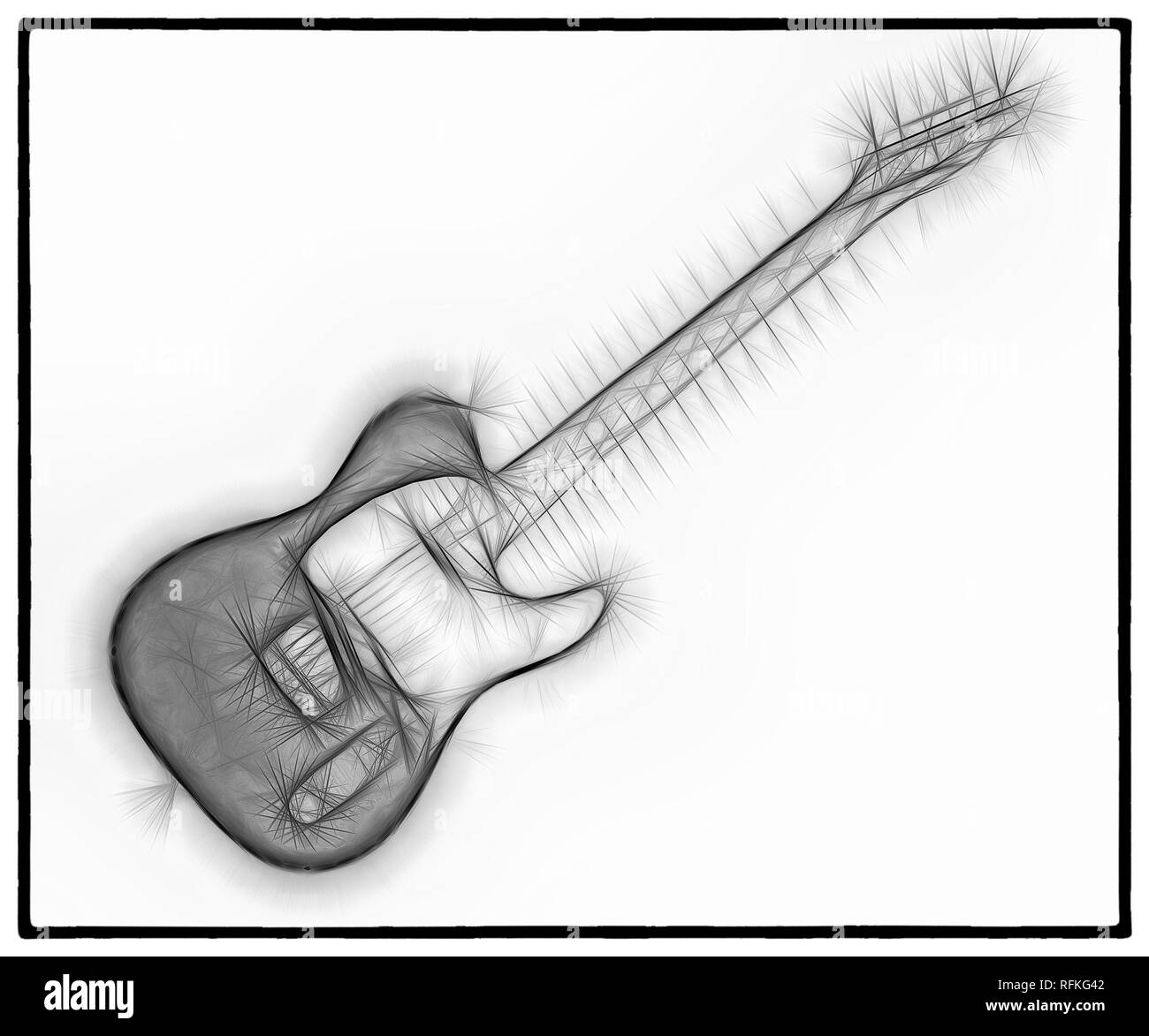 Ein Fraktal abstrakte schwarz-weiß Bild eines klassischen E-Gitarre auf einem weißen Hintergrund. Stockfoto