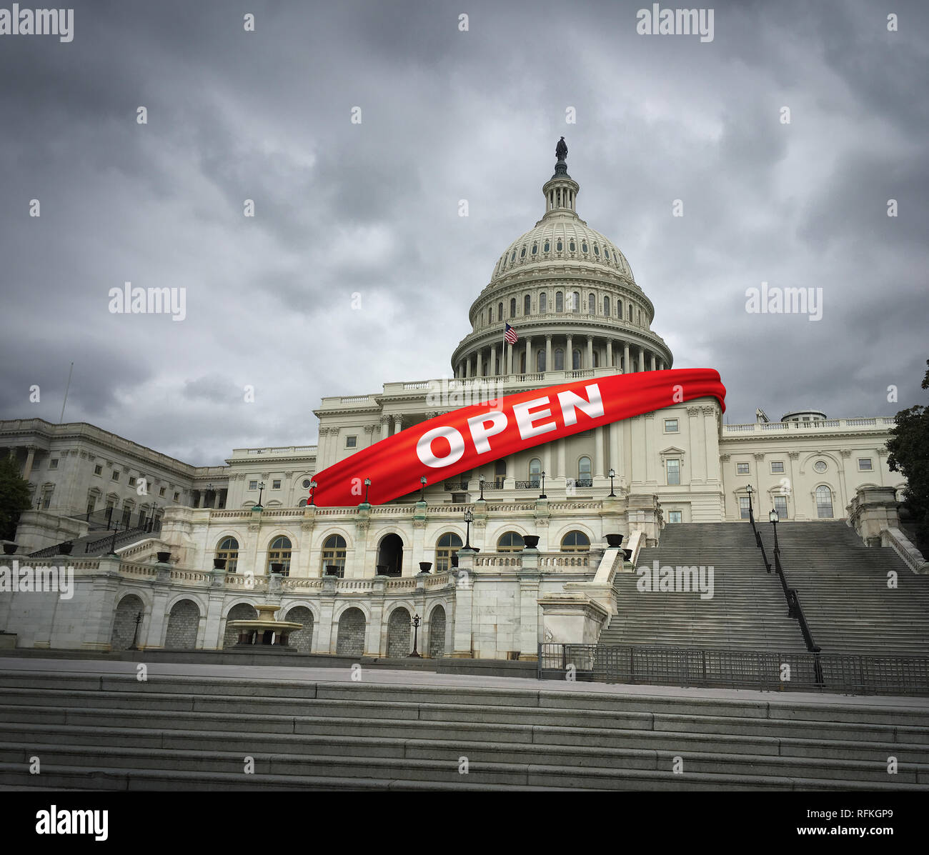 USA öffnen und das Ende der Abschaltung und Regierung der Vereinigten Staaten eröffnet und amerikanische Mitarbeiter wieder an die Arbeit. Stockfoto