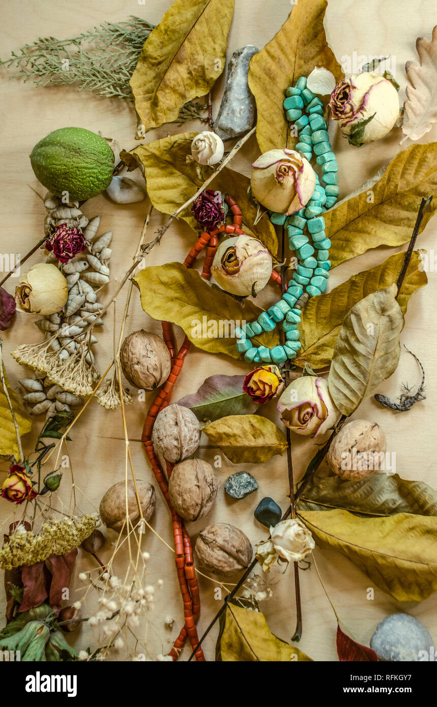 Bunte Herbst Hintergrund mit Türkis und Koralle Perlen liegen unter den vergilbten Blätter, Nüsse, trockenen Blüten von Rosen, Steine auf leichtem Sperrholz festgelegt Stockfoto
