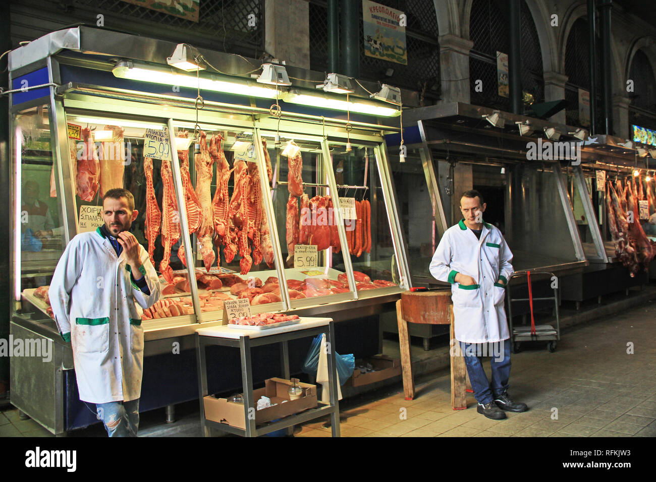 Fleisch-Markt in der Innenstadt von Athen, Griechenland Stockfoto
