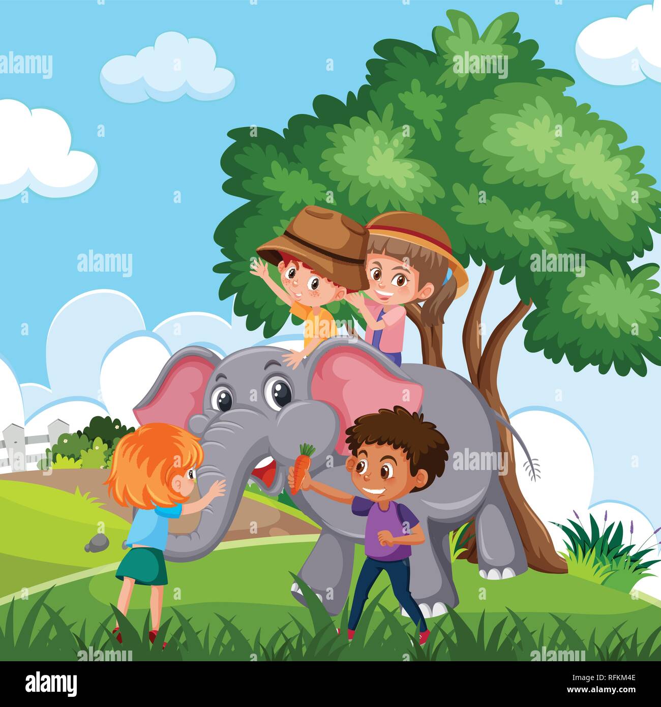 Kinder, die Elefanten in der Natur Abbildung Stock Vektor