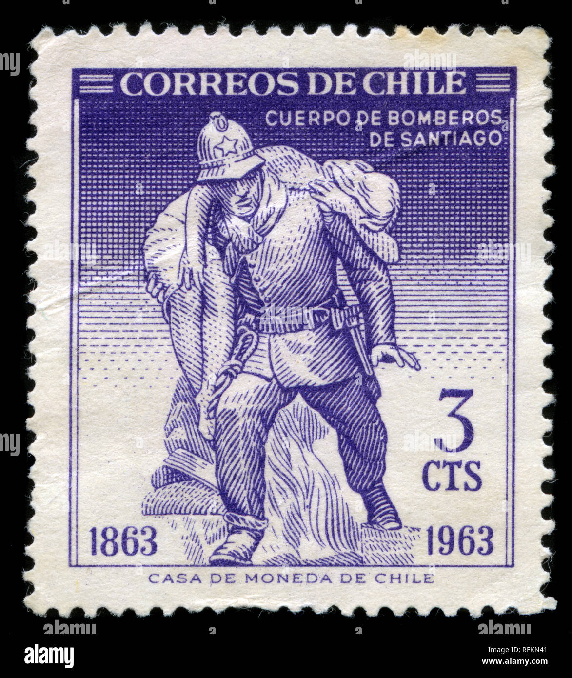 Briefmarken aus Chile in der 100 Anniv. Santiago Feuerwehr Serie 1963 ausgestellt Stockfoto