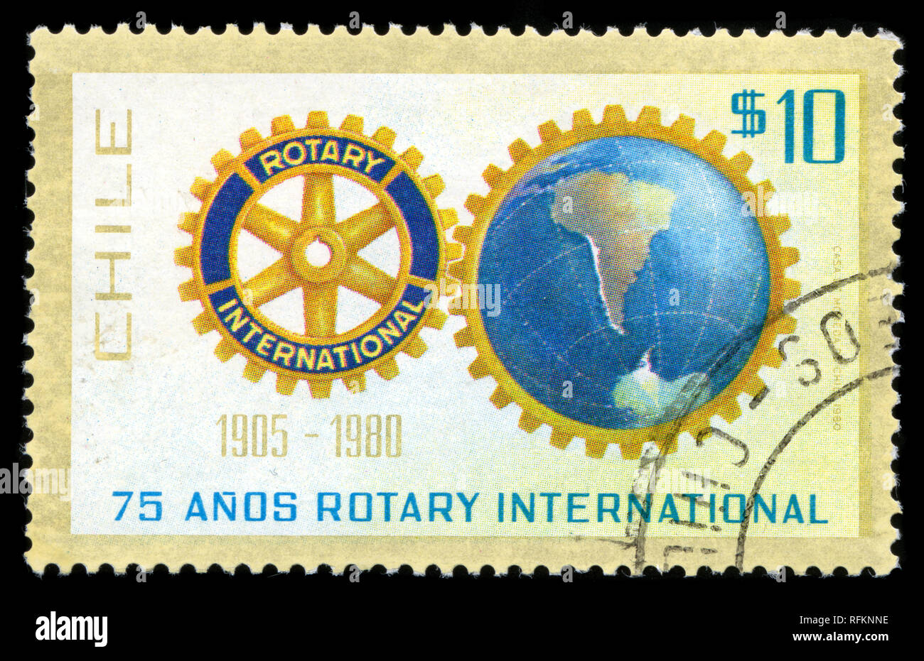 Briefmarken aus Chile in der Rotary International, 75-jährige Jubiläum der Serie 1980 ausgestellt Stockfoto