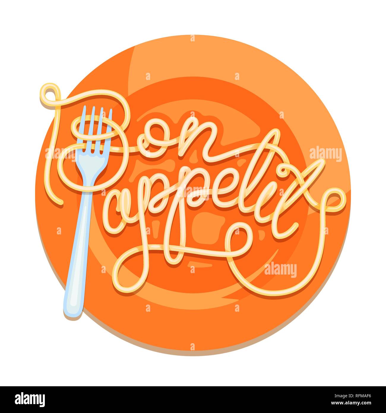 Hand Beschriftung Beschriftung Nudeln. Design Charakter Bon Appetit auf orange Platte. Stock Vektor