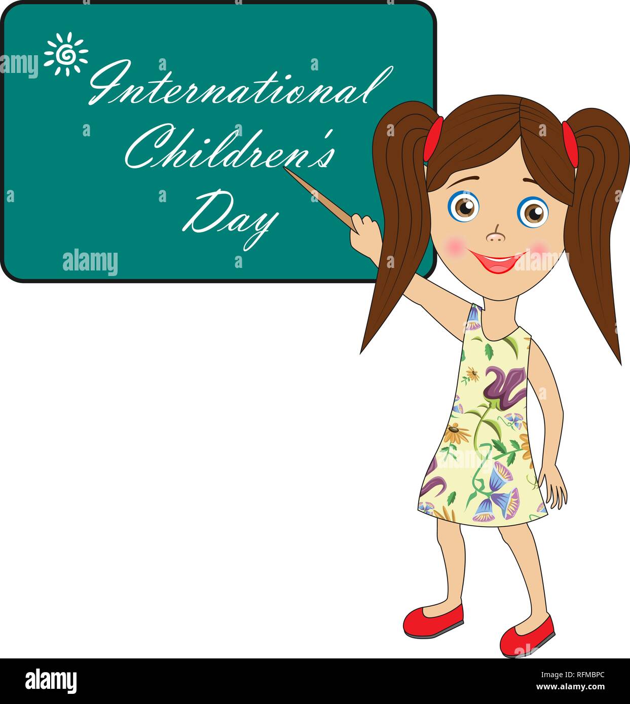 Bild mit Text. Congratulatory Inschrift: Internationaler Tag der Kinder. Bilder für Banner Design, Beschilderung, Grußkarte. Vector Illustration, E Stock Vektor