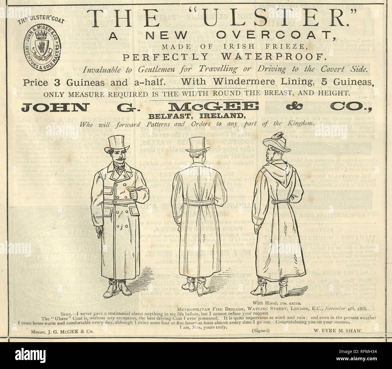 Viktorianische Anzeige für ein mans Ulster Mantel, viktorianischen Mode, 1869. Von John G McGee & Co., Belfast Stockfoto