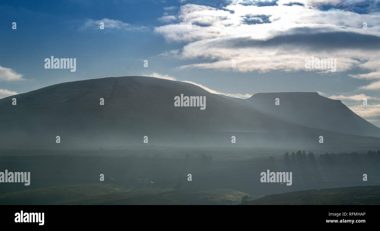 Park fiel und Ingleborough am Kopf der Horton in Ribblesdale, North Yorkshire, Großbritannien, am Nachmittag im Winter Nebel. Stockfoto