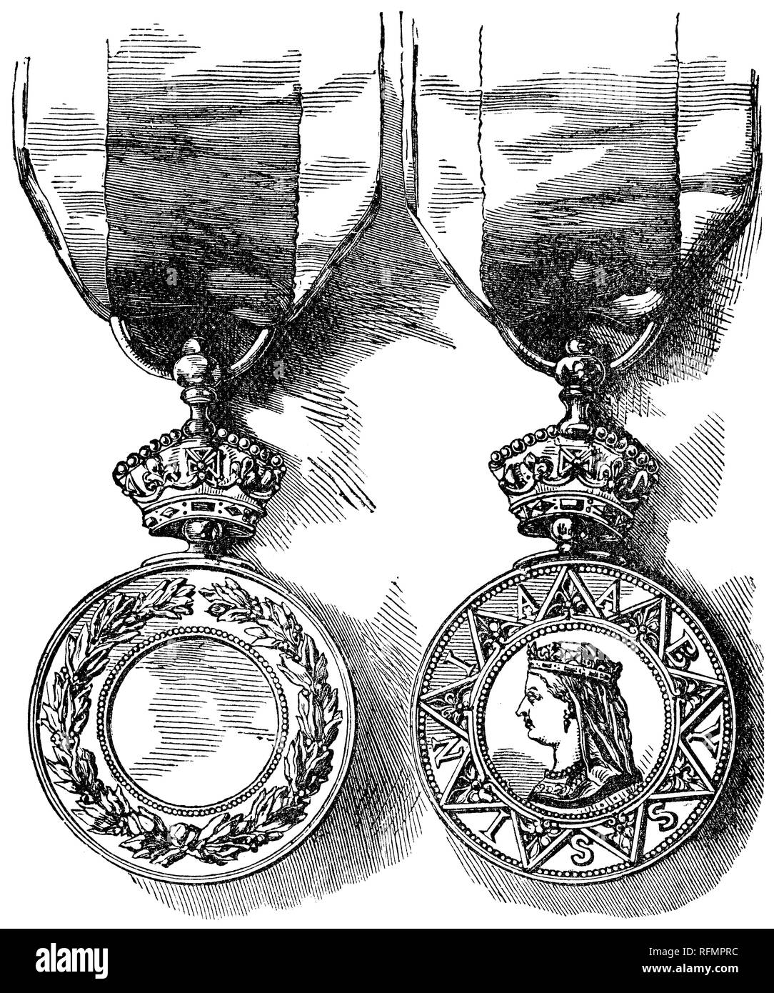 1888 viktorianischen Gravur der Vorder- und Rückseiten der Abessinische Krieg Medaille, die britischen und indischen Streitkräfte in die Expedition 1868 ausgezeichnet nach Abessinien. Stockfoto