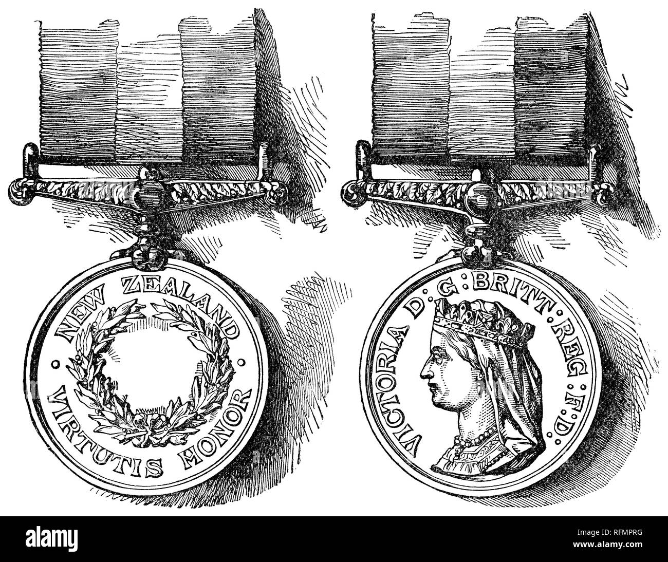 1888 viktorianischen Gravur der Vorder- und Rückseiten der Neuseeland Medaille für Verdienste während des Neuseeländischen Kriege (oder Maori Kriege, Land Wars) von 1845-47 und 1860-66. Stockfoto