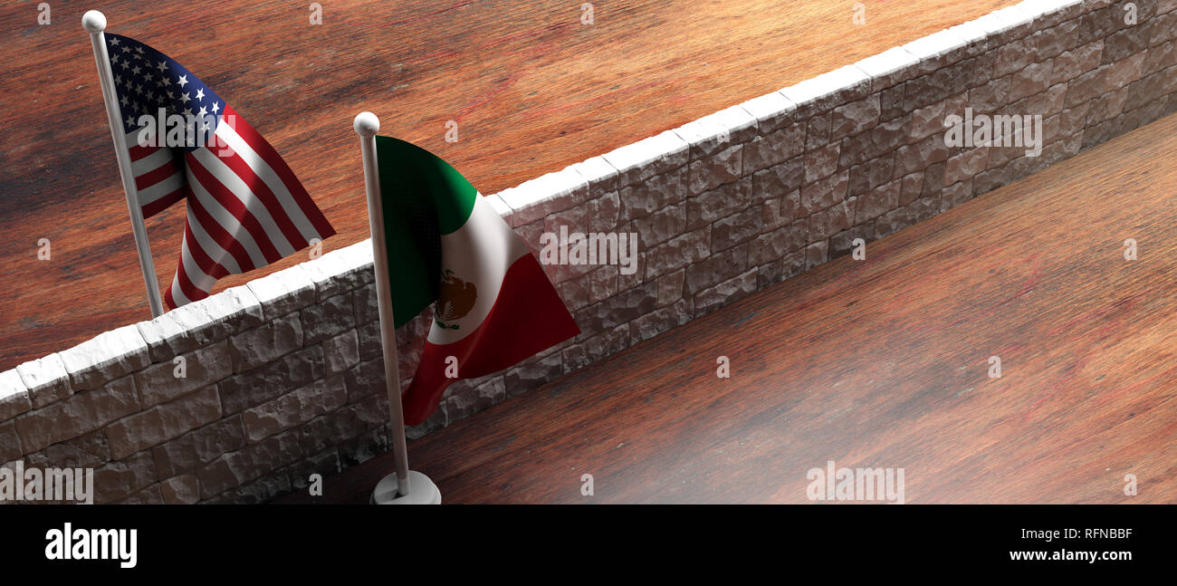 USA und Mexiko aufgeteilt. Grenzmauer zwischen uns von Amerika und Mexiko Flaggen. 3D-Darstellung Stockfoto