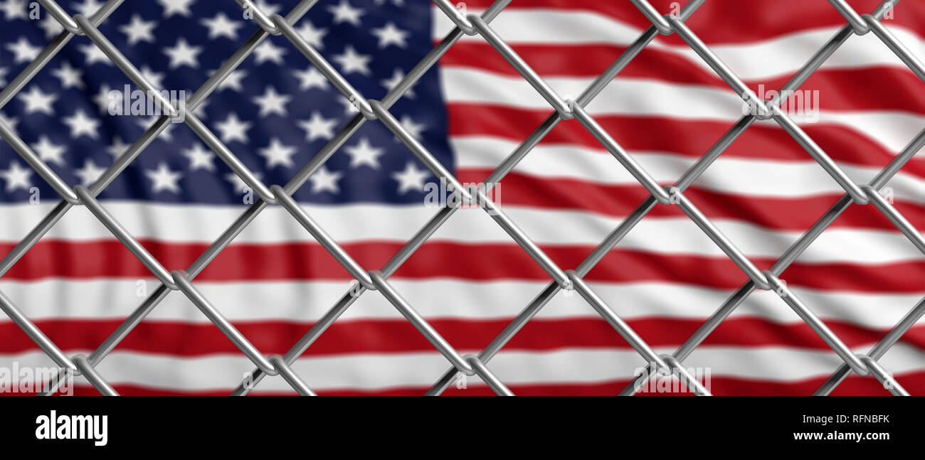 USA und Migration Grenzzaun. Uns von Amerika Flagge hinter einem Stahl Drahtgeflecht. 3D-Darstellung Stockfoto