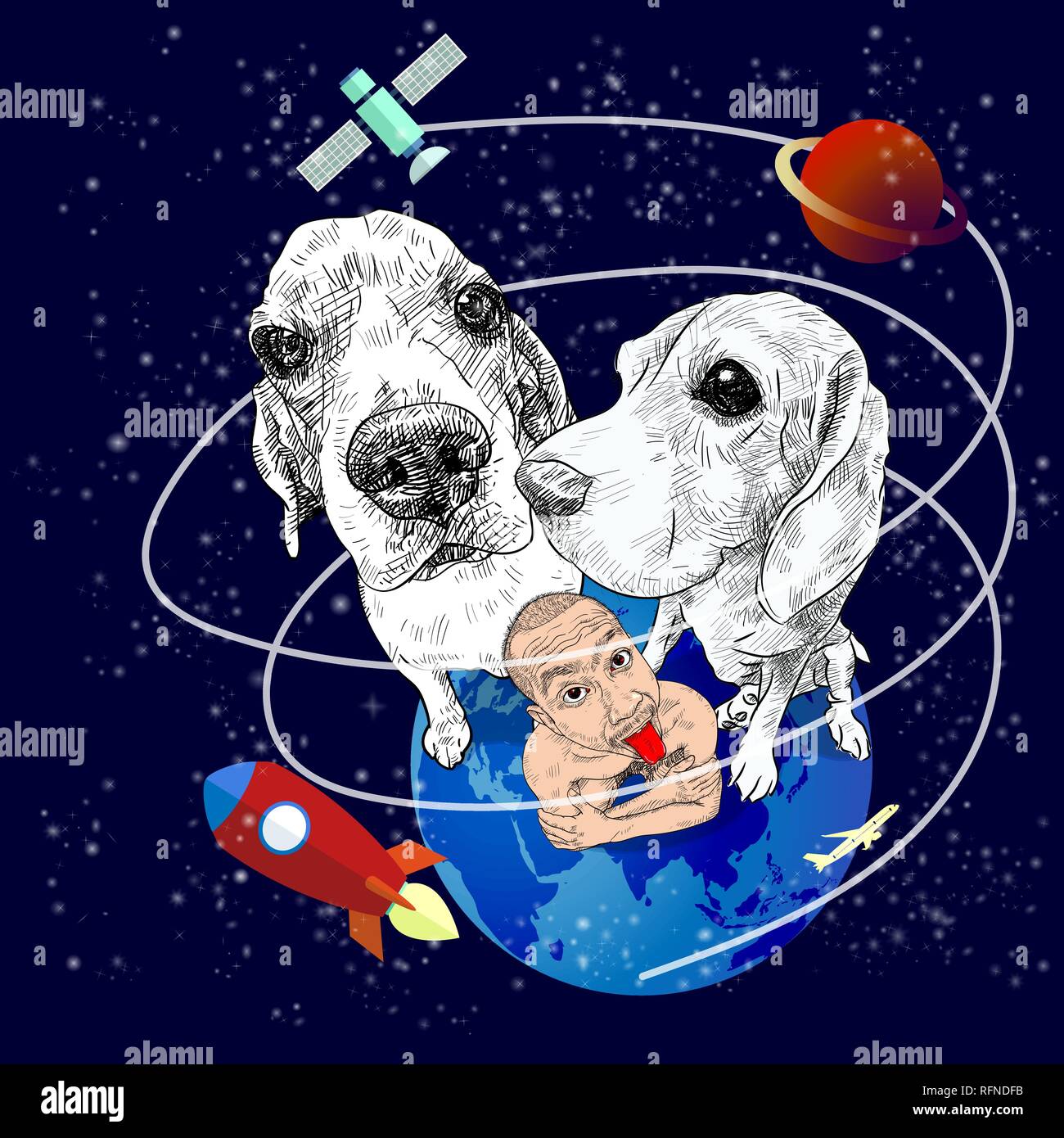 Ein Mann klemmt rote Zunge heraus, sitzen auf der blauen Erde mit seinen zwei beagle Hunde mit Szene des Weltraums, Stern, Planet, Rakete und Satelliten, lustige imagi Stock Vektor