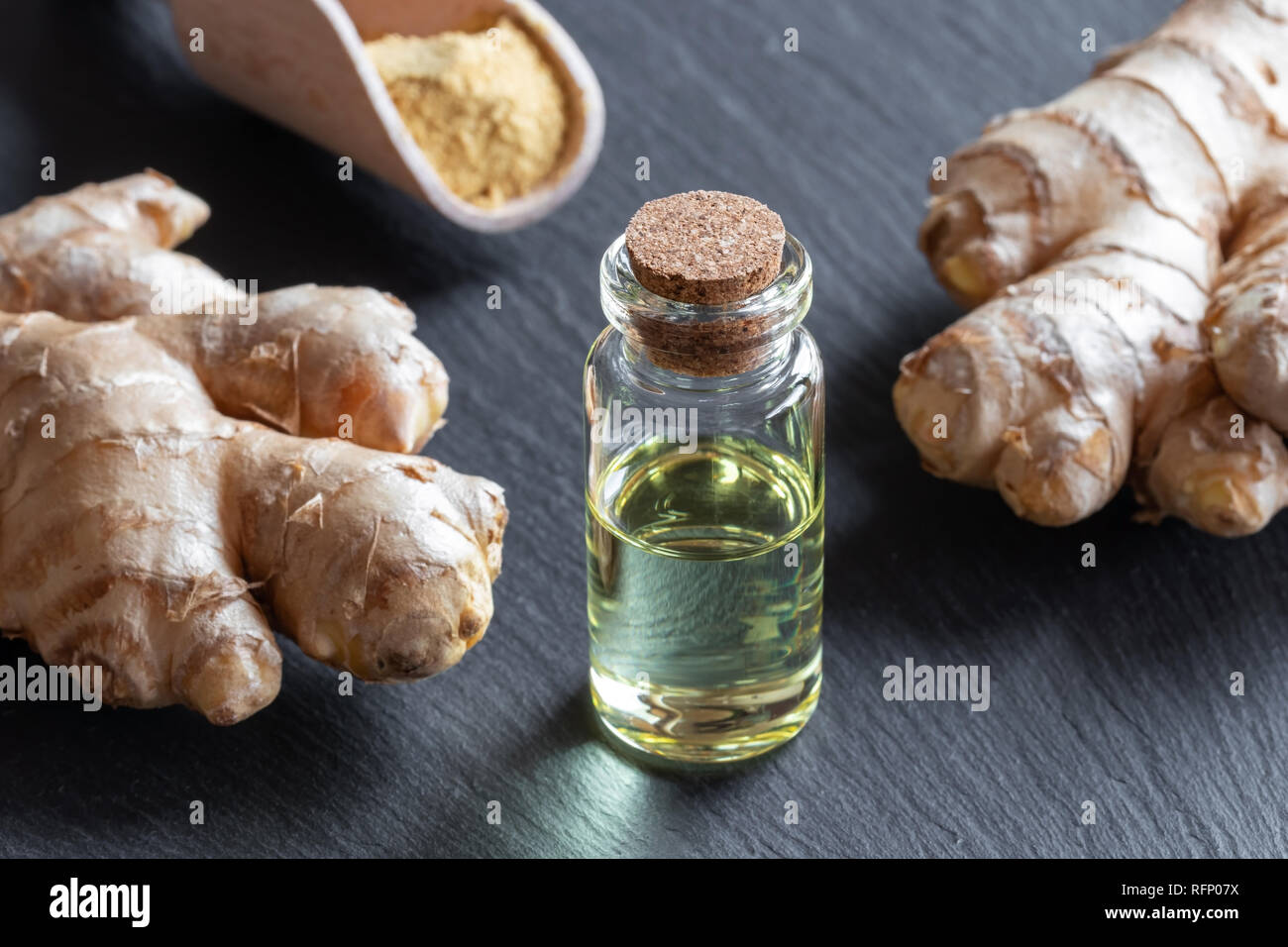 Ingwer ätherisches Öl mit frische Wurzel und Pulver Stockfoto