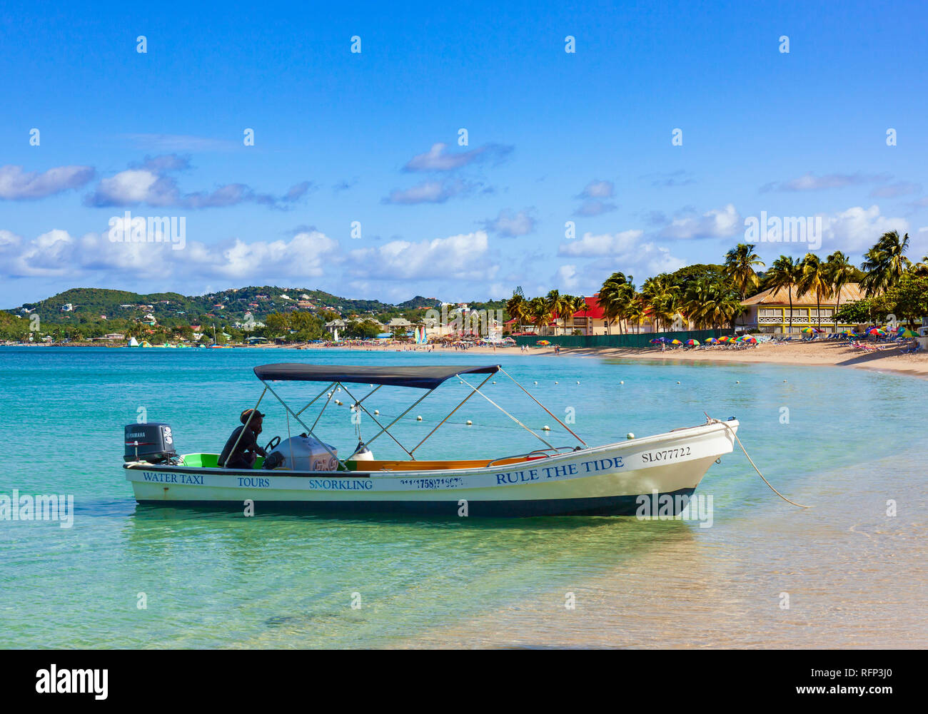Wassertaxi: Reduit Beach, Rodney Bay, St. Lucia, Karibik. Stockfoto