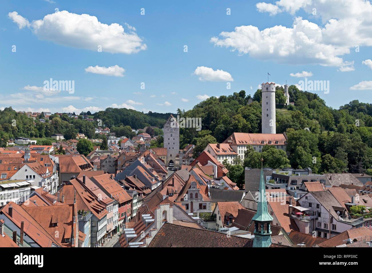 Blick vom Mehlsack Blaserturm, Obertor, Turm und Veitsburg (von links), Ravensburg, Baden-Württemberg, Deutschland Stockfoto
