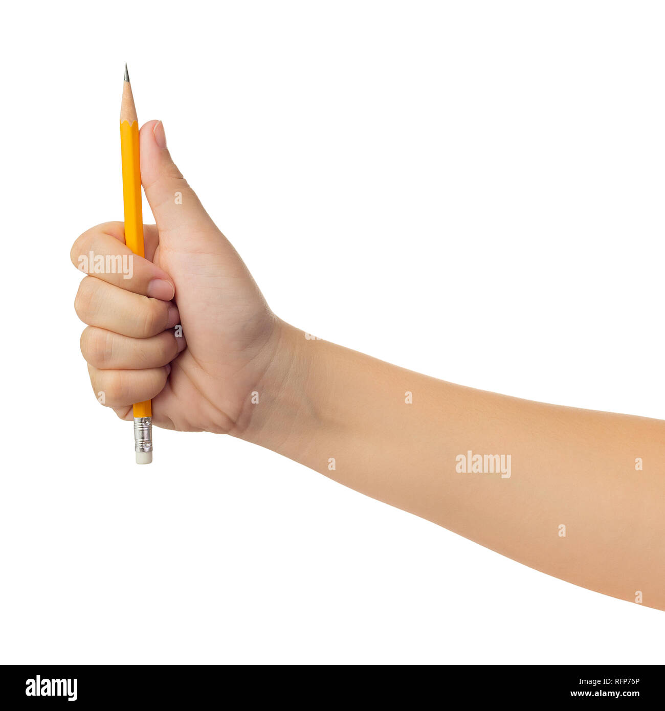 Die menschliche Hand in Hand aus einer Hand und hält gelben Bleistift Geste isolieren auf weißem Hintergrund mit Freistellungspfad, Geringer Kontrast für Retuschieren oder Diagramm Stockfoto