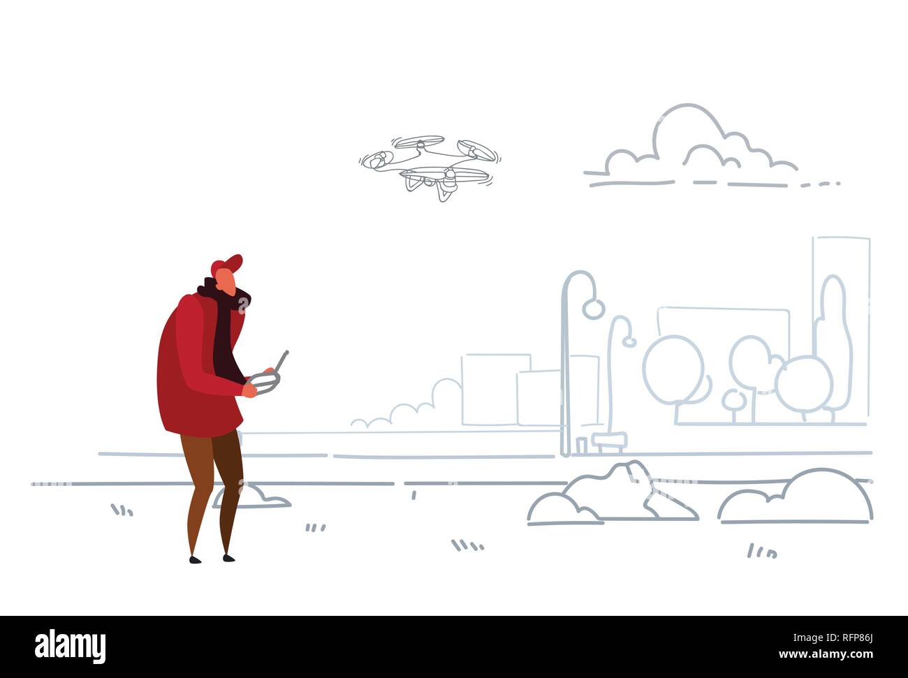 Mann mit Antenne Fernbedienung spielen Drone copter moderne Stadt städtischen Park and guy Betriebssystem Quadrokopter fliegen Quadcopter outdoor Skizze doodle horizontal Stock Vektor