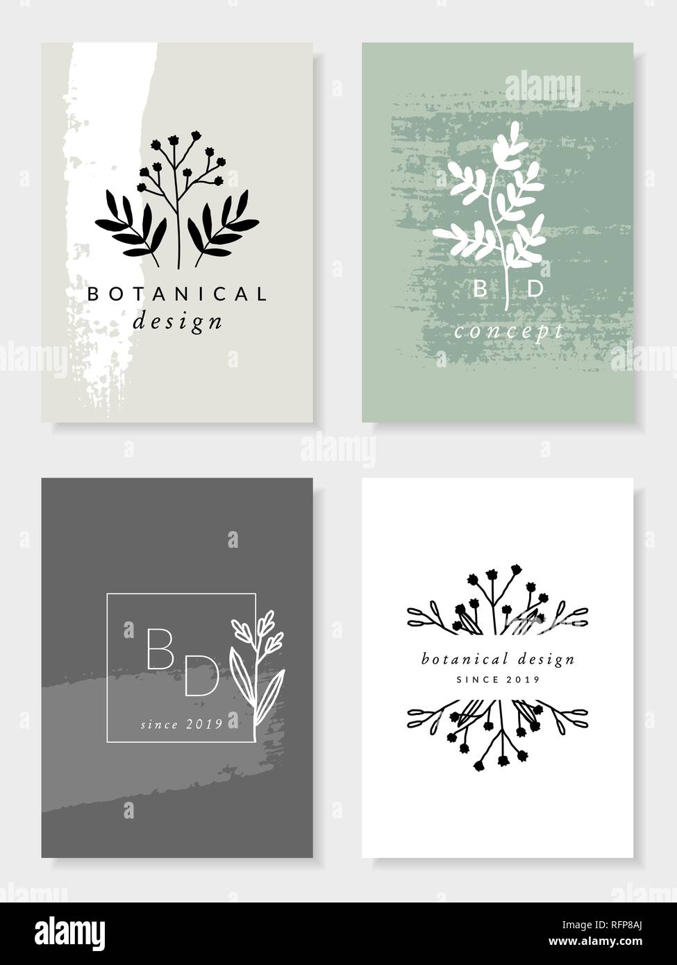 Ein Satz von vier moderne und elegante botanische Karte Designs in Pastellgrün, Beige, Grau und Weiß. Minimalistische Natur inspiriert Vector Illustration. Perfec Stock Vektor