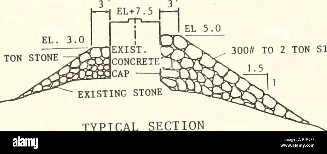 . Fallbeispiele von Corps Wellenbrecher und Steg Strukturen. Wellenbrecher; Stege; Wellenbrecher; Stege. Je BALLAST 60 lbs. Pro SQ. Fuß. BALLAST STONE 25 lbs. Bis 200 lbs. Faschinen Matratze "^STEG STEIN (Typ B) 200 lbs. Zu 4 Tonnen typischer Schnitt Abbildung 9. Seaward design Abschnitt der South Pass Westanleger, 1955 300 // BIS 2 TONNEN STEIN. Kanal Siue 300.'/BIS 2 TONNEN STEIN 1.5 BESTEHENDE STEIN TYPISCH ABSCHNITT Abbildung 10. Stein Pionierunternehmen der konkreten Kappe auf den South Pass osten Jetty, 1966 23. Bitte beachten Sie, dass diese Bilder aus gescannten Seite Bilder, die digital wurden extrahiert werden Stockfoto