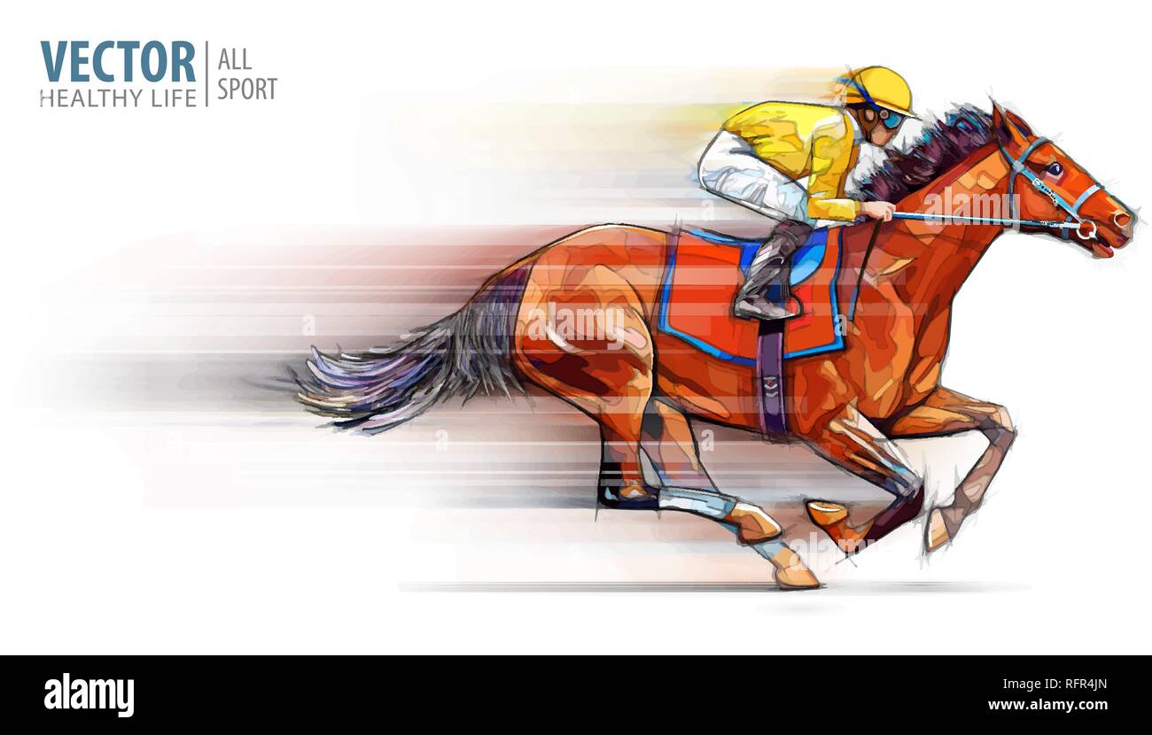 Jockey auf Racing Pferd. Champion. Das hippodrom. Rennstrecke. Reiten. Vector Illustration. Derby. Geschwindigkeit. Verschwommene Bewegung. Auf weissem Hintergrund. Stock Vektor