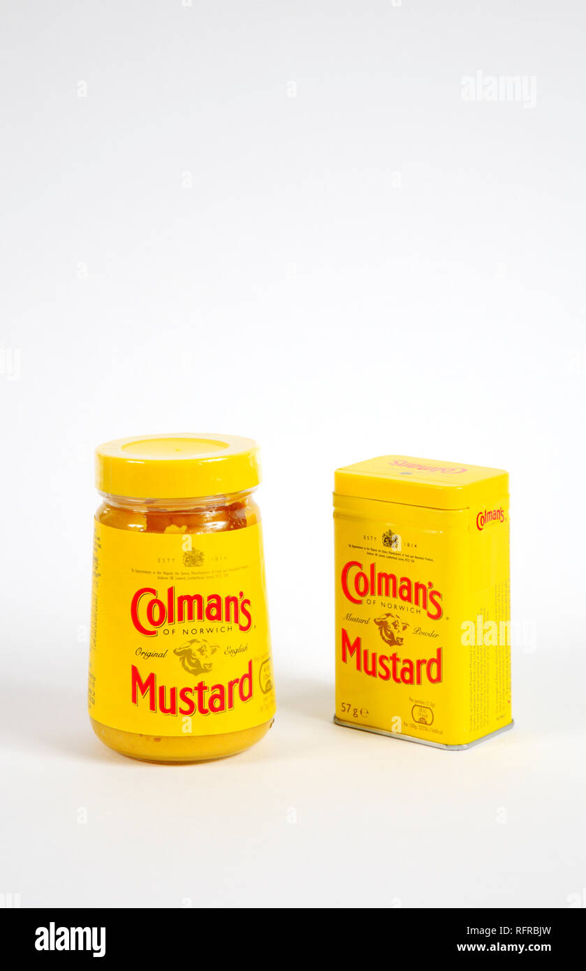 Ein Glas Colman's Senf original bereit gestellt und eine Dose Colman's Senf Pulver durch Colman's von Norwich für Unilever Deutschland, Europa. Stockfoto