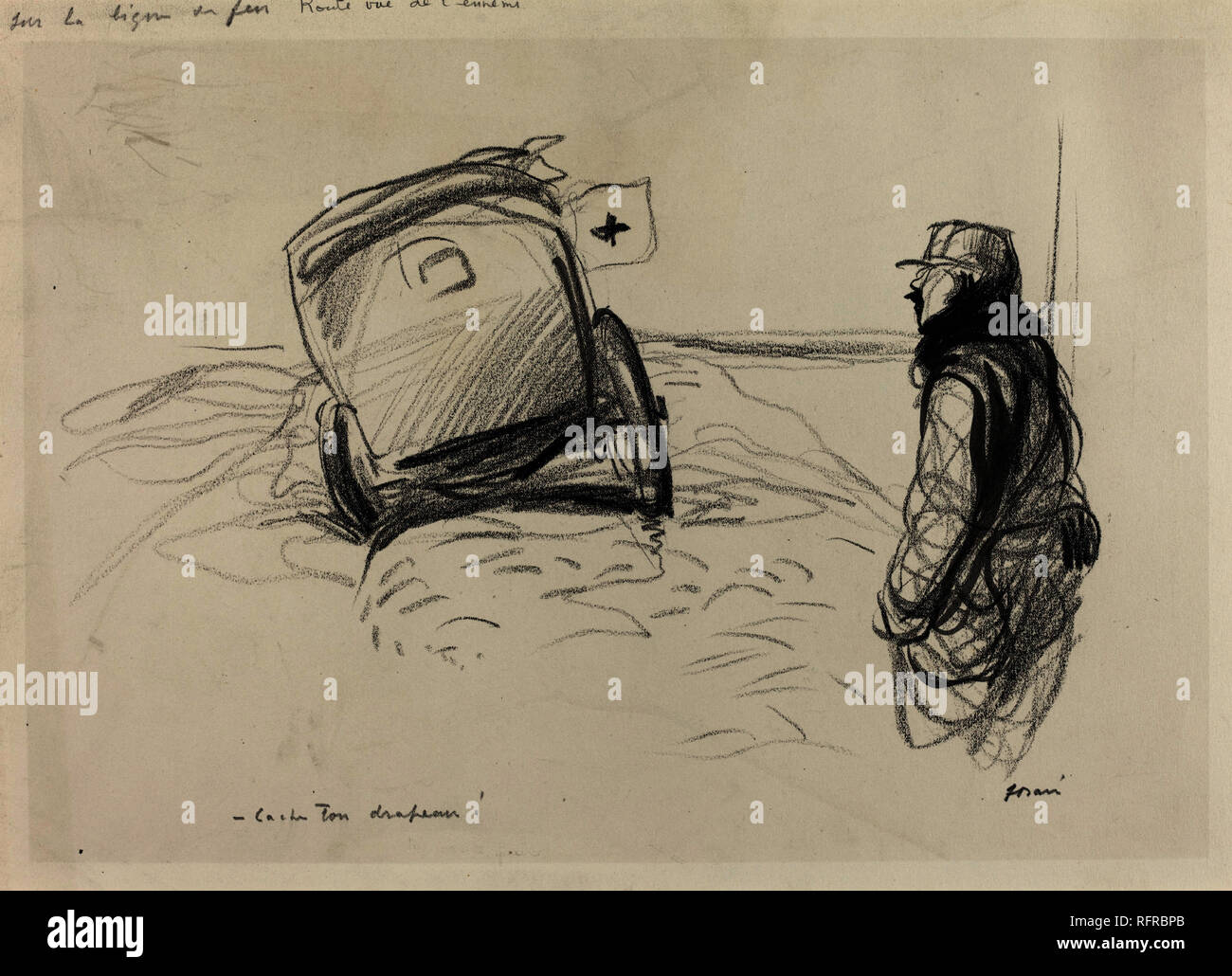 Sur la ligne de Feu. Vom: C. 1914/1919. Maße: gesamt: 33,2 x 50,2 cm (13 1/8 x 19 3/4 in.). Medium: Schwarze Kreide mit Pinsel und schwarzer Tinte auf Papier webten. Museum: Nationalgalerie, Washington DC. Autor: FORAIN JEAN LOUIS. Stockfoto