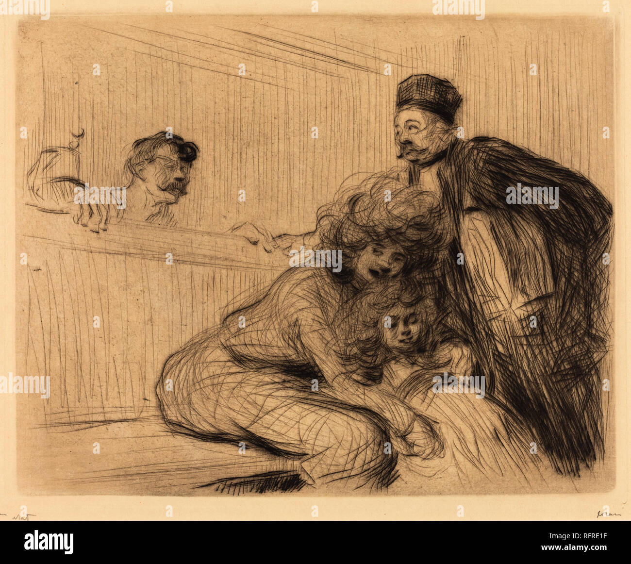 Der Anwalt im Gespräch mit dem Gefangenen (erste Platte). Stand: 1909. Medium: kaltnadelradierung in Braun auf Webte Papier. Museum: Nationalgalerie, Washington DC. Autor: FORAIN JEAN LOUIS. Stockfoto