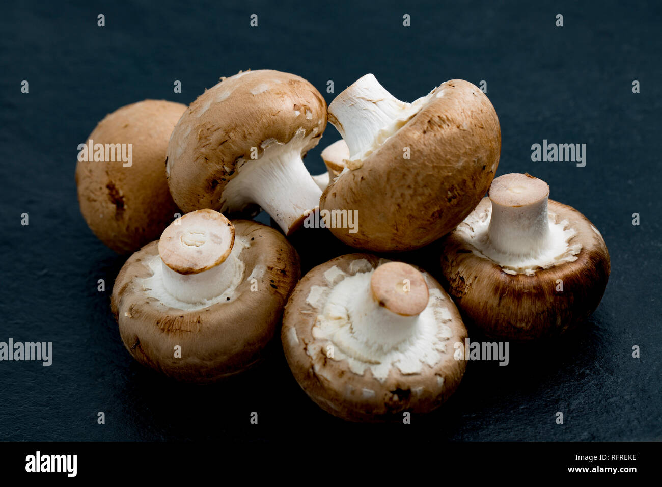 Ein Haufen von Kastanien Pilze gekauft von einem Supermarkt in Großbritannien auf einem dunklen Hintergrund fotografiert, Stein. Dorset England UK GB Stockfoto