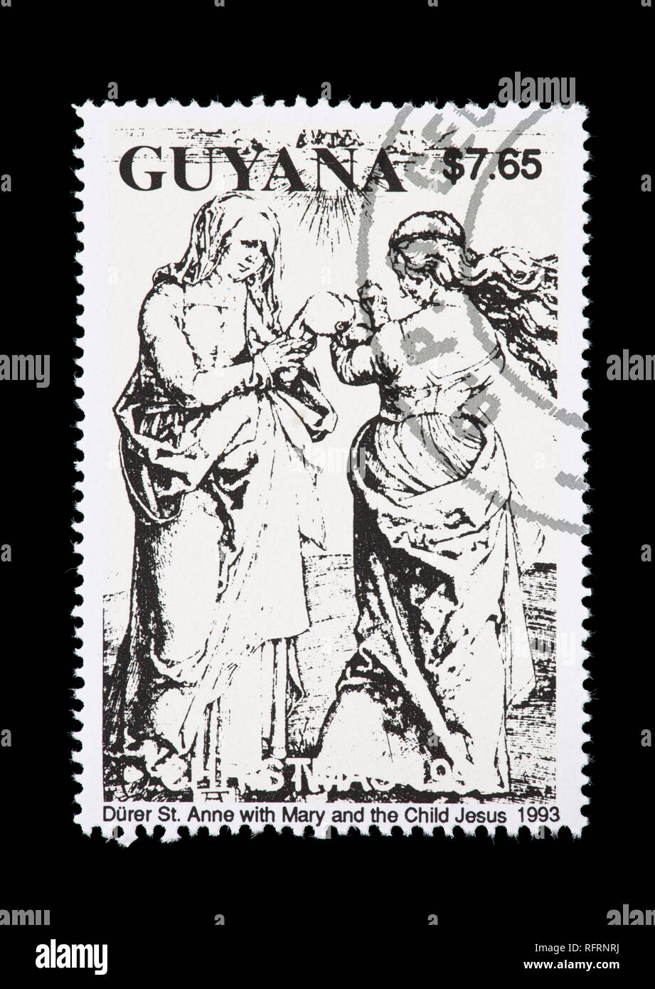 Briefmarke aus Guyana, die dürer Gemälde St. Anna mit Maria und dem Jesuskind. Stockfoto