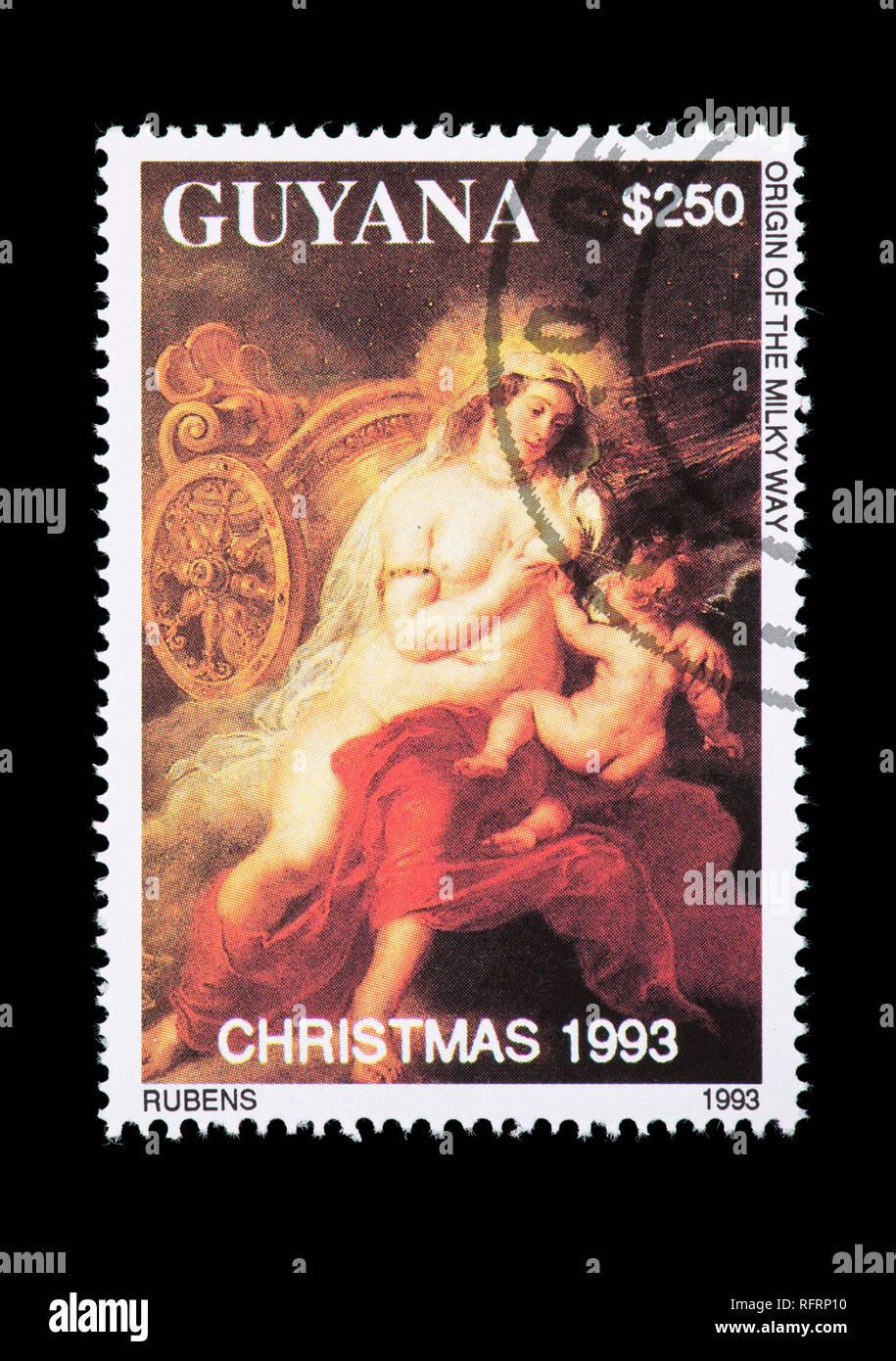 Briefmarke aus Guyana, die Rubens Gemälde "Ursprung der Milchstraße' Stockfoto