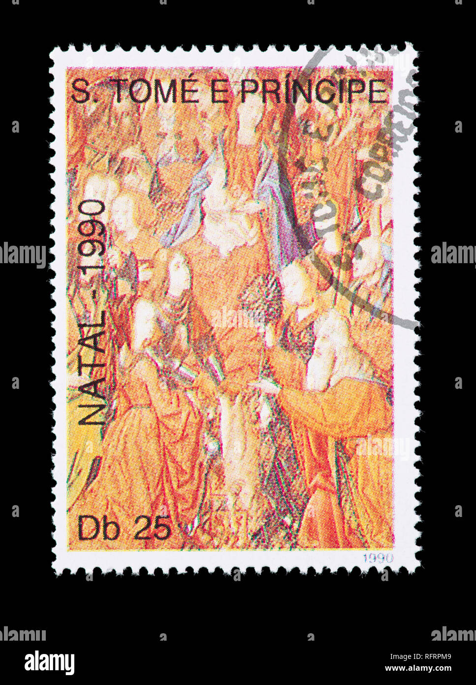 Briefmarke aus St. Thomas und Prinzeninseln Darstellung einer Krippe. Stockfoto