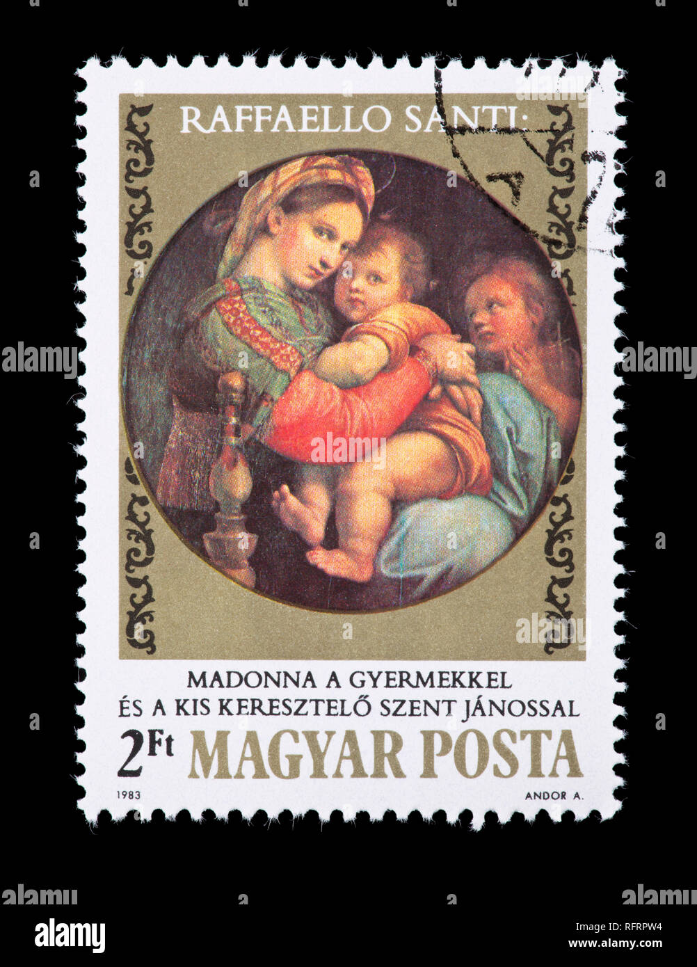 Briefmarke aus Ungarn mit der Darstellung der Raphael Gemälde Madonna mit Kind und Heiligen Johannes. Stockfoto