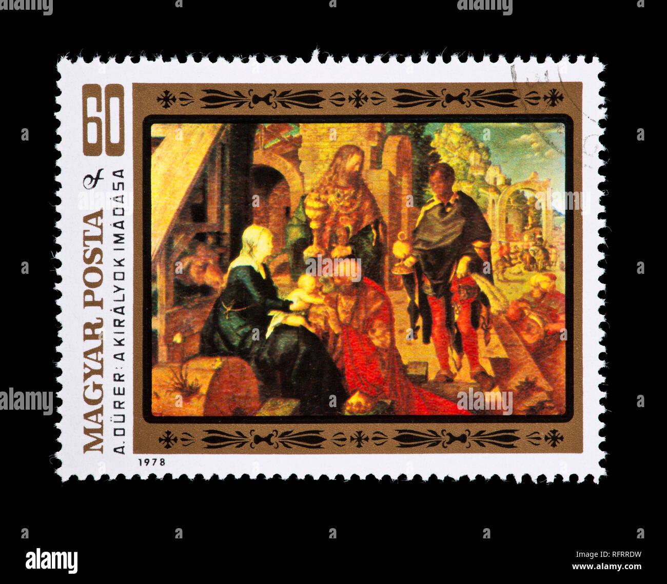 Briefmarke aus Ungarn, die Albrecht Durer Malerei Anbetung der Könige Stockfoto