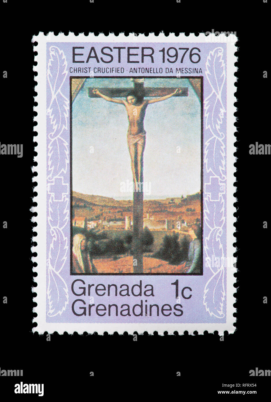 Briefmarke von Grenada Grenadinen Darstellung der Antonello da Messina Gemälde des gekreuzigten Christus. Stockfoto