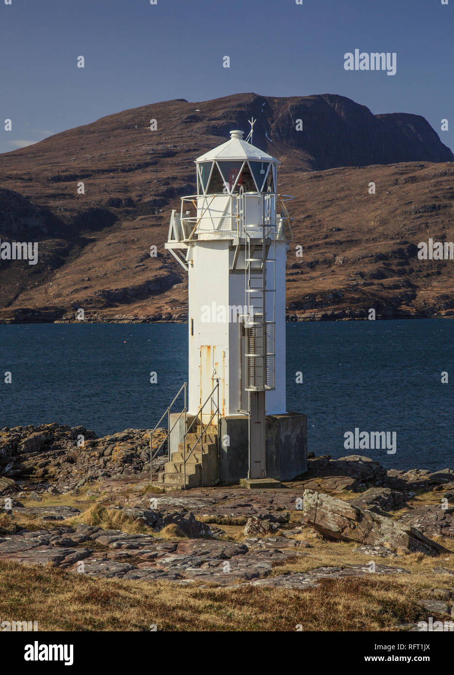 Rubha Cadail Leuchtturm, Rhue, Ullapool bei Sonnenuntergang Stockfoto