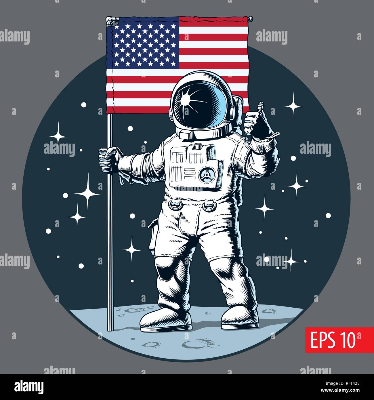 Astronaut mit der amerikanischen Flagge auf dem Mond steht. Comic Stil Vector Illustration. Stock Vektor