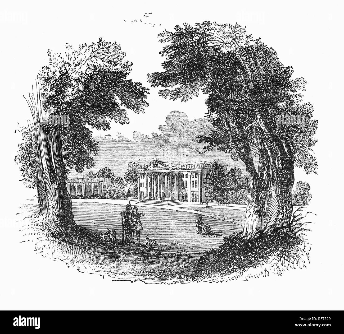 Moor Park ist eine Palladianische Villa in mehrere hundert Hektar großen Parklandschaft an der süd-östlich von Rickmansworth Hertfordshire, England. Das Haus wurde im Jahre 1678 neu errichtet - 1679 für James Scott, 1. Herzog von Monmouth und später zu Benjamin Haskins-Stiles, die ein Vermögen in die South Sea Company vor dem berüchtigten Blase platzen gemacht hatte, verkauft. Stile haben das Haus nachgeschliffenes mit Portland Stone und fügte eine große Korinthischen Vorhalle an der Südseite. Es wurde später von Admiral Lord Anson, der in Auftrag gegebenen Capability Brown der formalen Gärten in Schwungvollen 'Querformat Stil remake" mit einem kleinen See gekauft. Stockfoto
