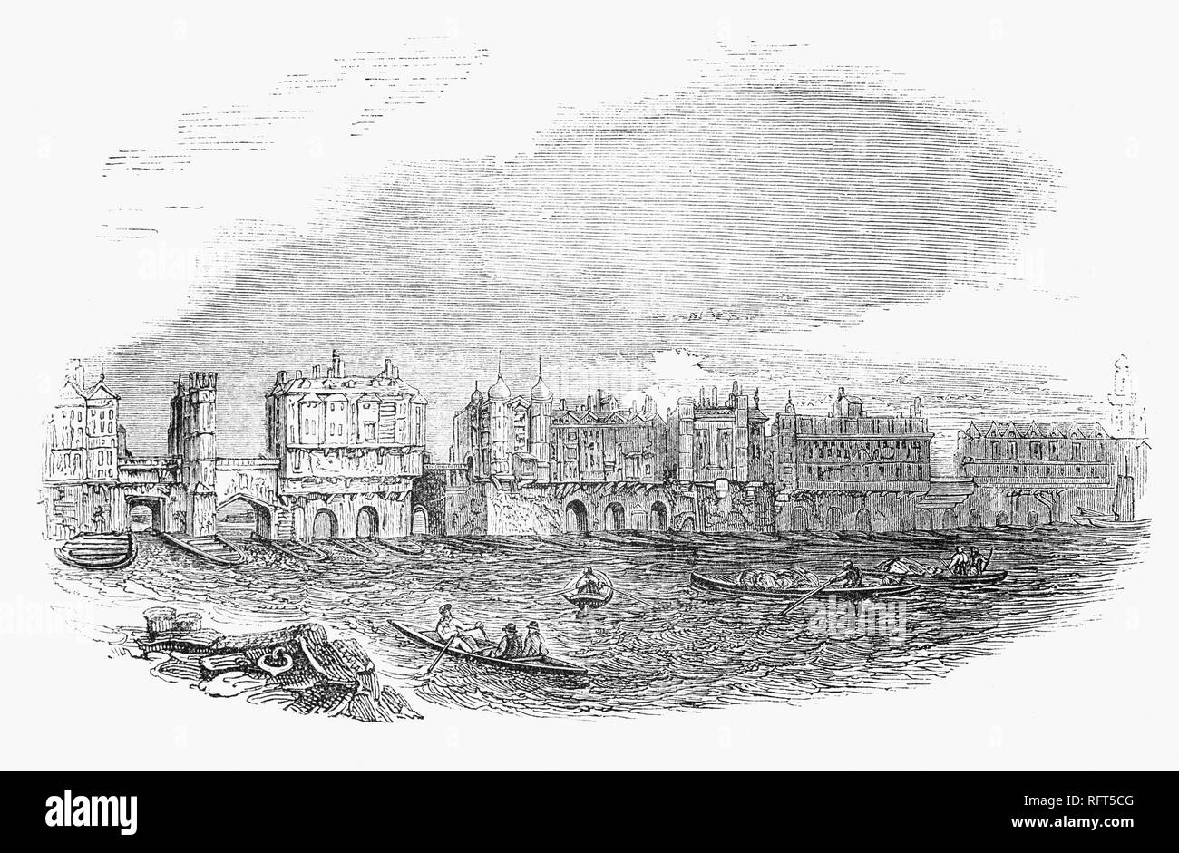 Von 1710, die meisten der Häuser auf die London Bridge in der Restaurierung Stil und, um die Fahrbahn zu erweitern wieder aufgebaut worden waren, wurden gebaut, überragend den Fluss. Die letzten Häuser gebaut wurden, im Jahre 1745, aber auch diese eleganten Gebäuden begonnen hatte innerhalb von zehn Jahren nachlassen. Im Jahr 1756, die London Bridge Act gab den City Corporation die Macht alle Eigenschaften, die auf der Brücke zu kaufen, damit sie abgerissen werden könnte und die Brücke verbessert. Stockfoto