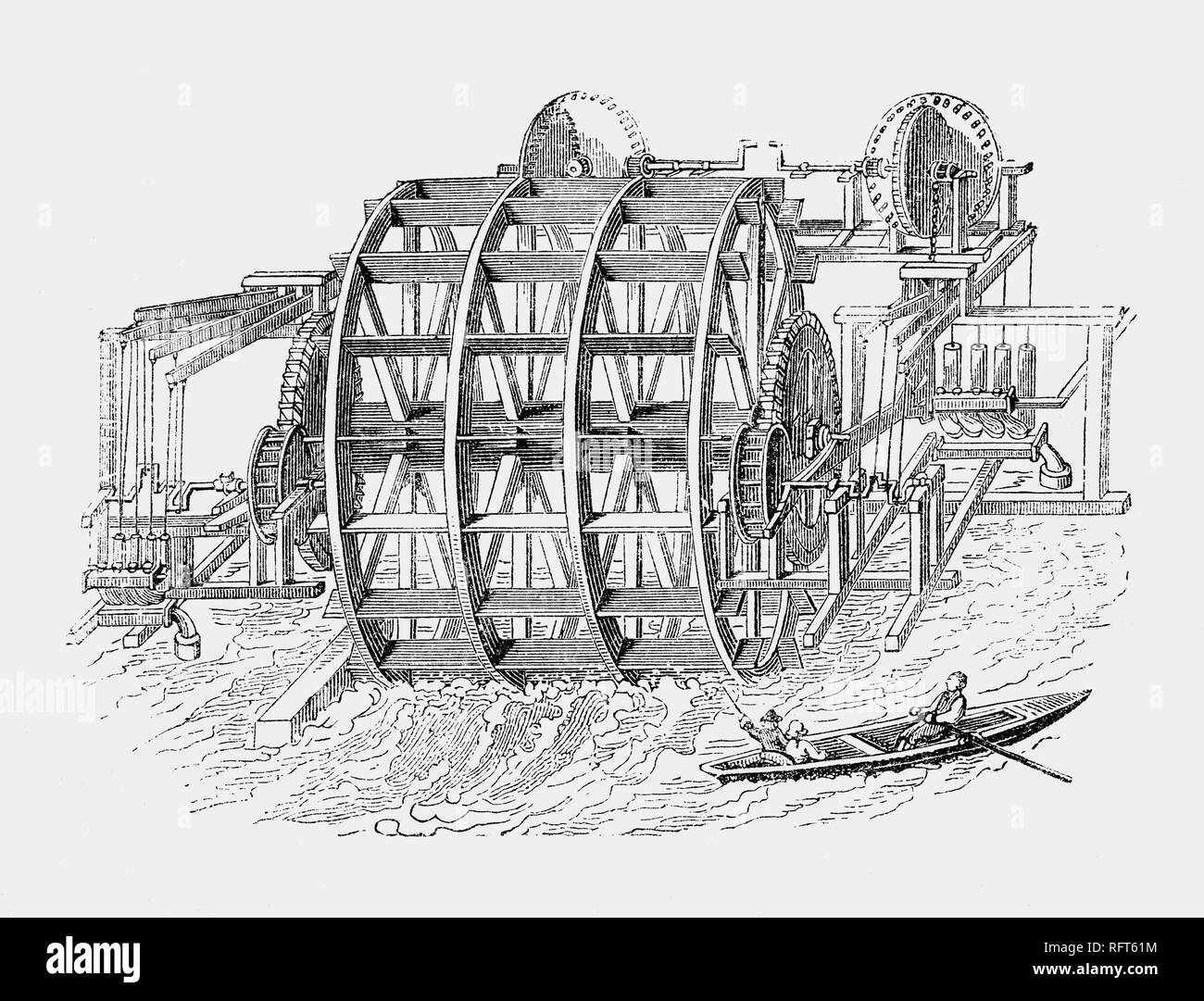 Am 24. Dezember 1582, der Holländer Pieter Maritz der London Bridge Wasserwerke beliefert frisches Wasser aus der Themse in privaten Häusern in der Stadt von London. Die eher wackelig aussehenden Apparat funktionierte gut, wurde aber in den großen Brand von 1666 zerstört. Von seinem Enkel continueing ersetzt, bis der Ausbau der Brücke im Jahr 1822 in Gebrauch. Das Wasserwerk wurde eine der größten Wasser Unternehmen in London, deren erste Wachstum war die Expansion der Stadt verknüpft, sondern im achtzehnten Jahrhundert beschränkt, da die Leitungen nicht der expandierenden Vororten erreichen konnte. Stockfoto