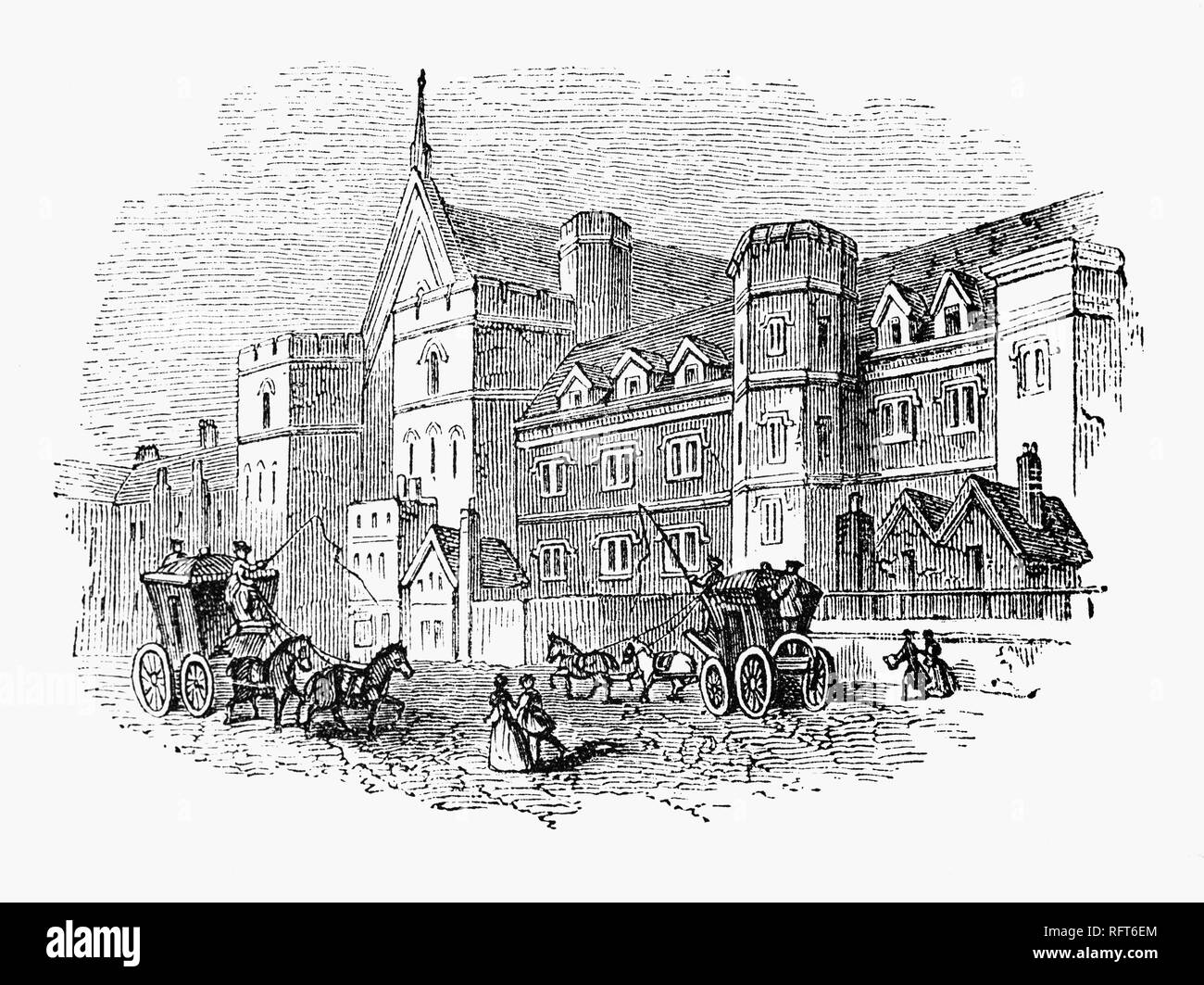 Die zentrale Gerichte wurden in der Westminster Hall, London vom Mittelalter bis zum neunzehnten Jahrhundert. Die Gerichte entwickelte sich aus der königlichen Haushalt, wo ursprünglich der König persönlich zwischen seinen Untertanen arbitrated hatte. Westminster Hall enthielt der King's Bench, der Hof der Kanzlei, und das Gericht der allgemeinen Vorwände. Viele Studien waren in der Halle, darunter Charles ich wegen Landesverrats zum Tode verurteilt, und Warren Hastings (1732 - 1818) wurde für seine Behandlung der East India Company angeklagt. Stockfoto