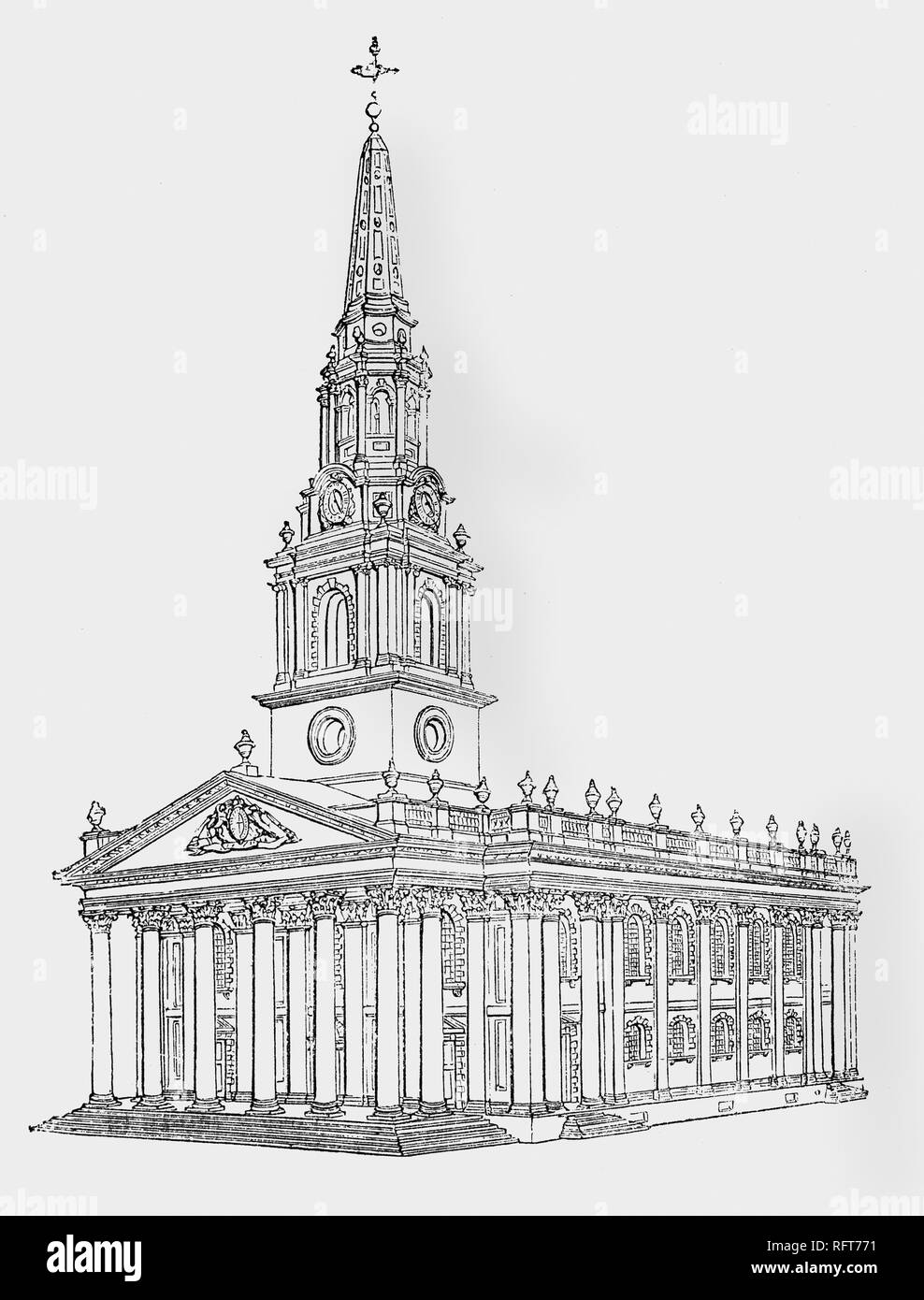 St Martin-in-the-Fields ist ein Englischer anglikanische Kirche an der nord-östlichen Ecke der Trafalgar Square in Westminster, London. Es ist dem hl. Martin von Tours geweiht. Das heutige Gebäude wurde in einem neoklassischen Design von James Gibbs gebaut 1722 - 1726 nach einer Umfrage 1710, festgestellt, dass die Wände und das Dach in einem Zustand des Verfalls. Stockfoto