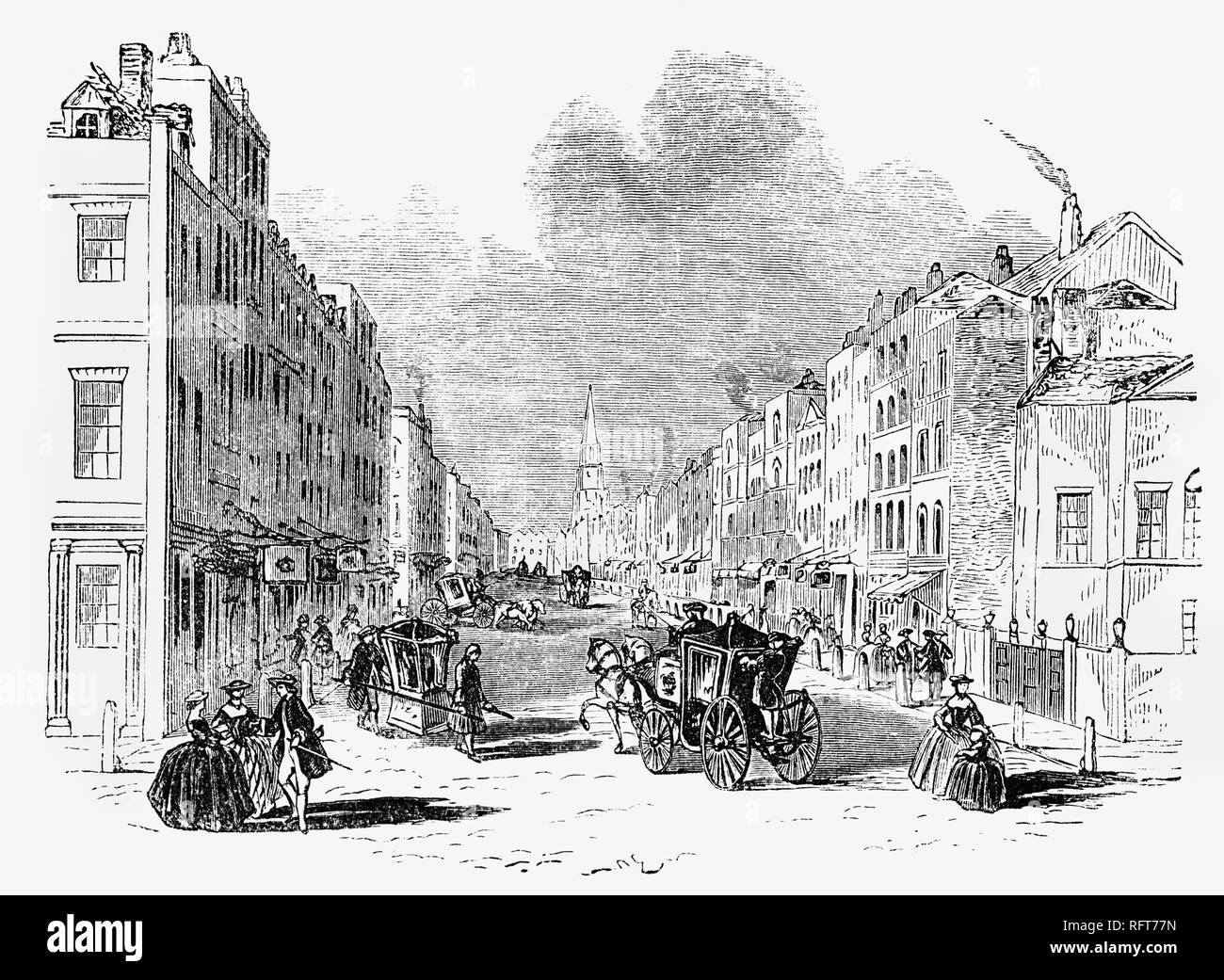 Vom 18. Jahrhundert, Pall Mall war bekannt für seine großartigen Häusern bekannt sowie Geschäfte, die enthalten, dass der Vulliamy Familie, Uhren, Robert Dodsley eine Buchhandlung an Nr. 52, wo er die Idee von einem Wörterbuch von Samuel Johnson vorgeschlagen. Schriftsteller und Künstler wie Thomas Gainsborough begann zu Pall Mall zu bewegen während dieses Jahrhunderts. Die Straße war einer der Ersten, der in London mit Gas beleuchtet werden nach Friedrich Albert Winsor bis experimentelle Beleuchtung 1807 set King George III. Geburtstag zu feiern. Permanente Beleuchtung wurde 1820 installiert. Stockfoto