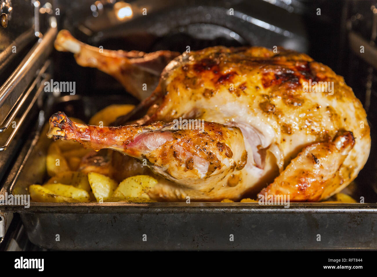 Appetitlich Truthahn und Kartoffeln im Ofen gebacken closeup Stockfoto