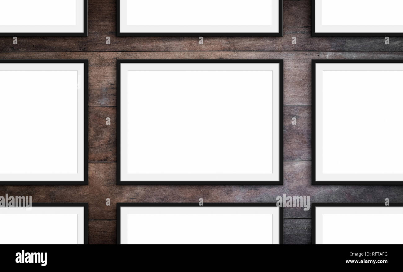 Satz von Frames auf Holz Hintergrund leeren Bilderrahmen Mock-up Stockfoto