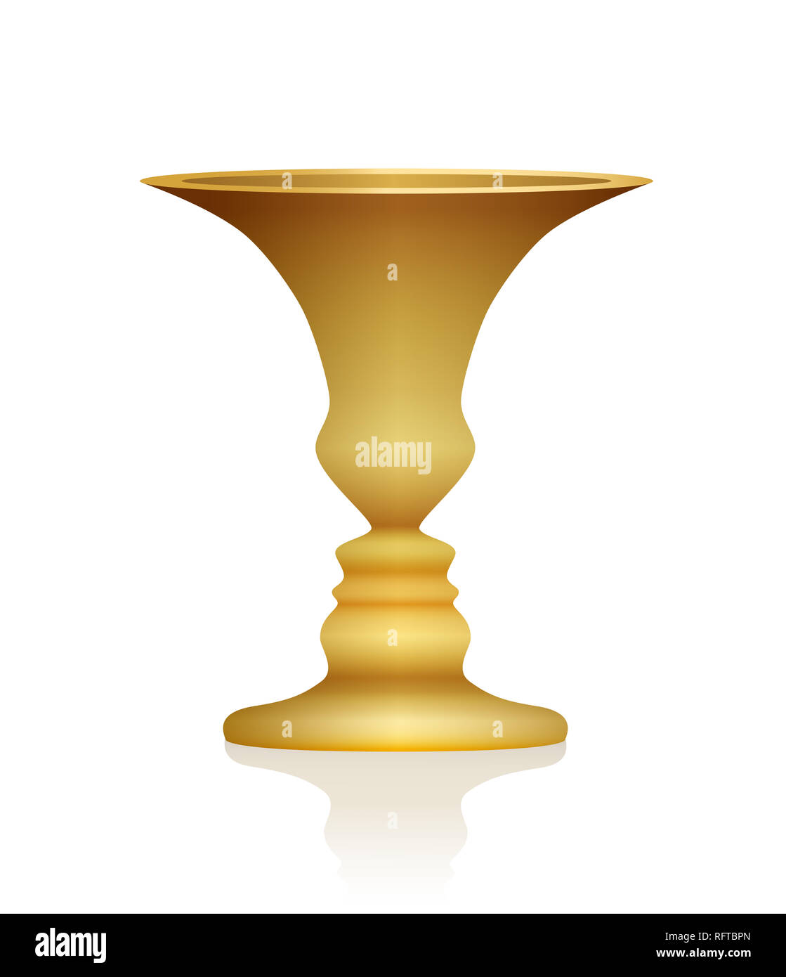 Optische Täuschung. Vase mit zwei Gesichter im Profil. Golden farbiges dreidimensionales Kelch. In der Psychologie als Identifikationsfigur von Hintergrund bekannt. Stockfoto