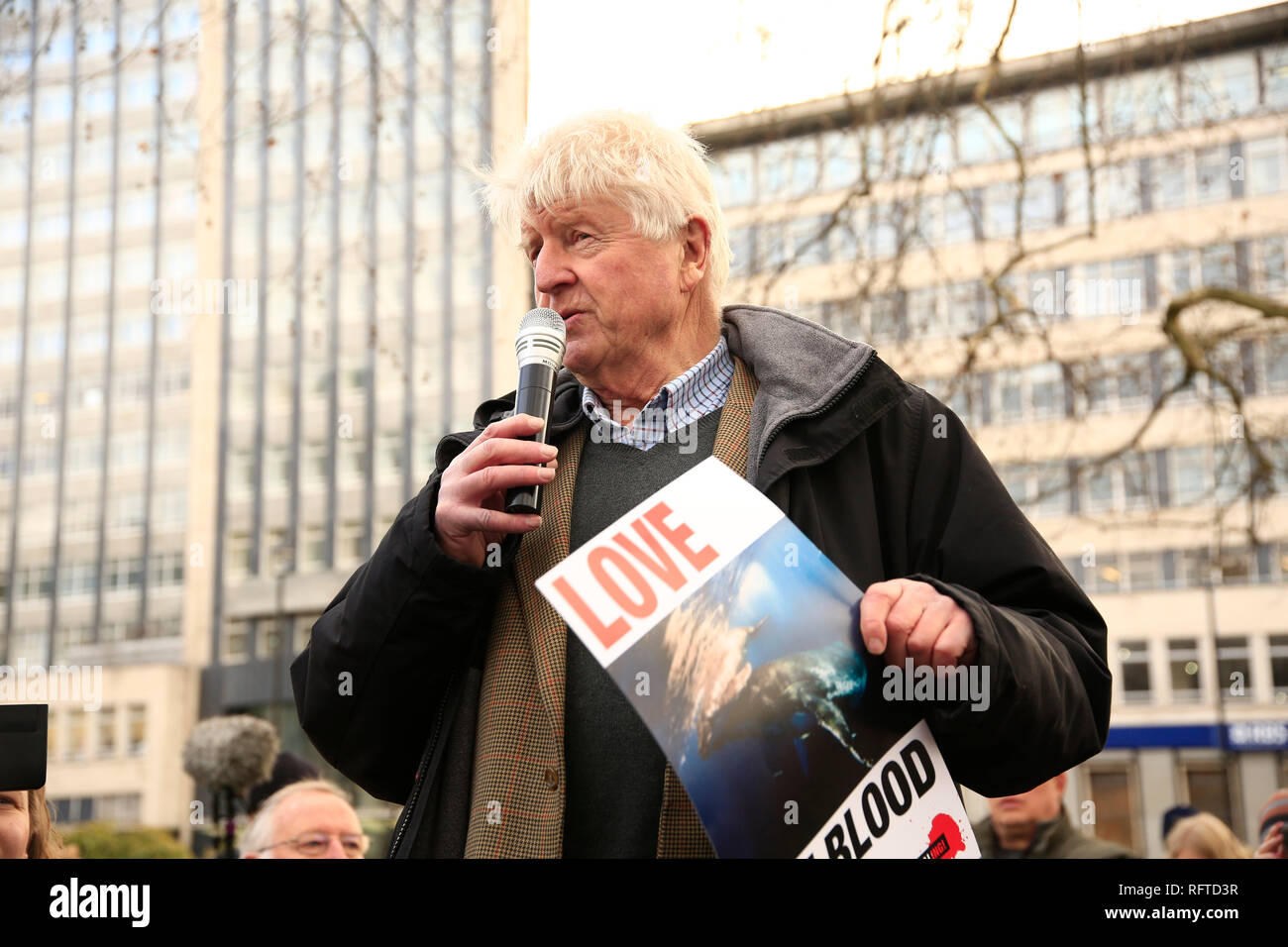 Über tausend Menschen sammelten in Cavendish Square, zu widersetzen und ihre Empörung gegen Japans Entscheidung die Internationale Walfangkommission zu verlassen, um den kommerziellen Walfang wieder aufzunehmen. Stanley Johnson, Boris Johnson Vater und aktuelle Freundin Carrie Symonds waren auch anwesend. Der Protest marschierten in die Japanische Botschaft, wo die Kundgebung friedlich weiter. Stockfoto