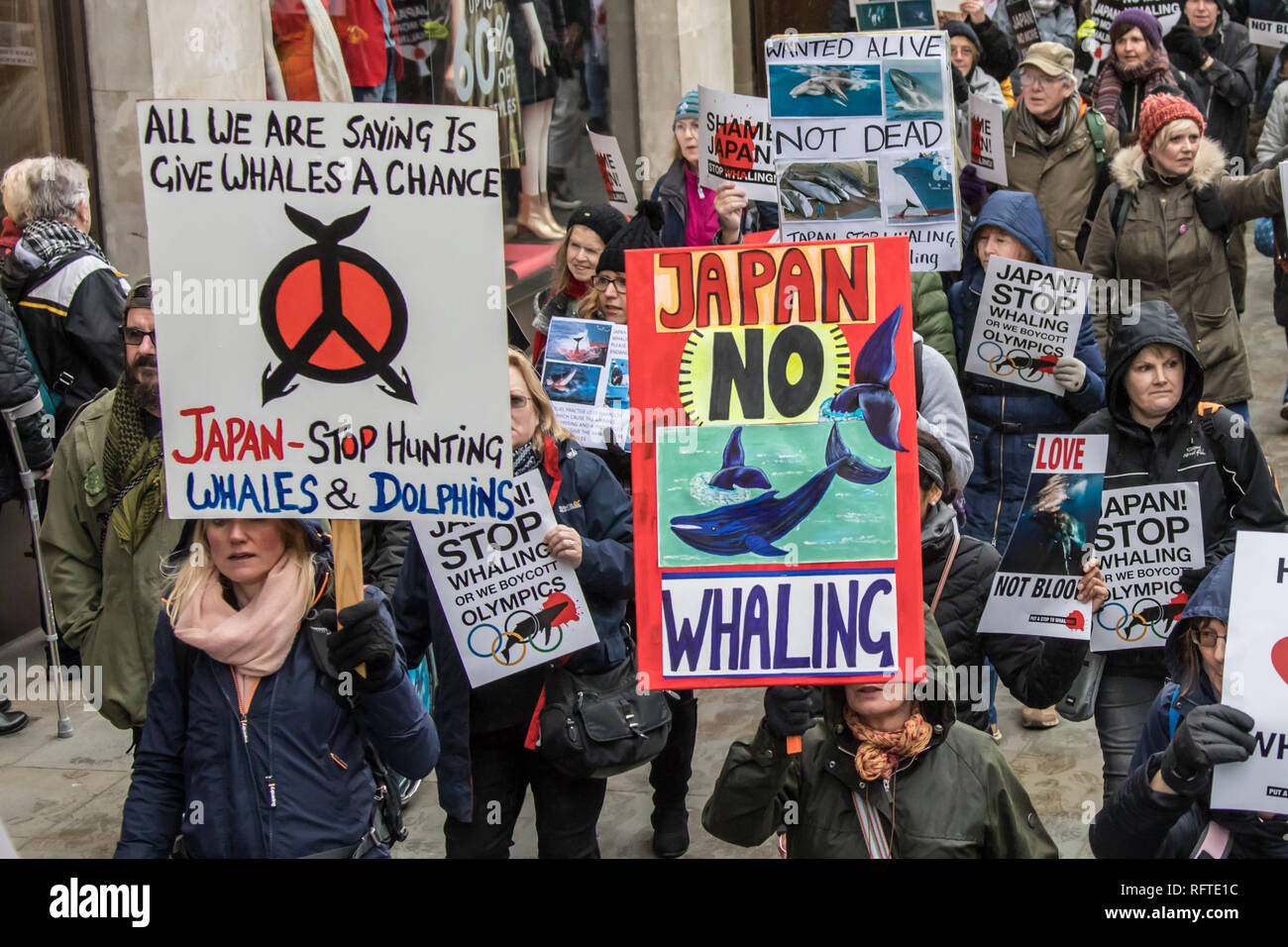 London, Großbritannien. 26. Januar, 2019. Die Demonstranten marschierten durch London vor der Vorführung in der Japanischen Botschaft nach Japan angekündigt, den kommerziellen Walfang wieder aufgenommen werden. David Rowe/Alamy Leben Nachrichten. Stockfoto