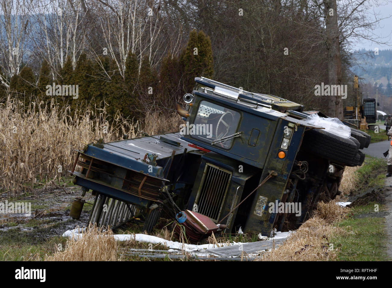 Victoria, BC, Kanada. 26. Januar, 2019. Ein Heavy lift Fahrzeug fiel von einem schmalen Land Fahrbahn in Central Saanich, nördlich von Victoria. Der Fahrer war Ziehen auf die Schulter ein Auto vorbei zu lassen, wenn der Straße nachgegeben haben. Das Fahrzeug versinkt in den schlammigen Bauernhof Feld als Planer arbeiten wie der Kran Carrier zu erholen. Quelle: David Reifen/Alamy leben Nachrichten Stockfoto