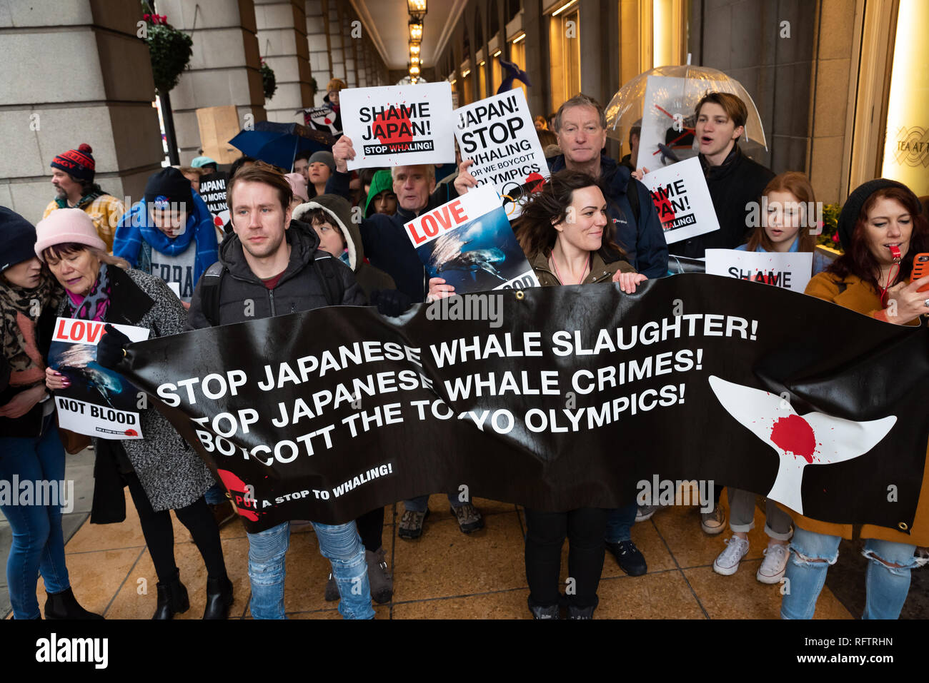 London, Großbritannien. 26. Januar 2019. London Protest gegen die Wiederaufnahme des Walfangs durch Japan. Die japanische Regierung vor kurzem aus einer internationalen Vereinbarung über das Verbot kommerziellen Walfangs unterstützt. Die Befürworter der Marsch durch das Zentrum von London nach der Japanischen Botschaft. Credit: Stephen Bell/Alamy Leben Nachrichten. Stockfoto