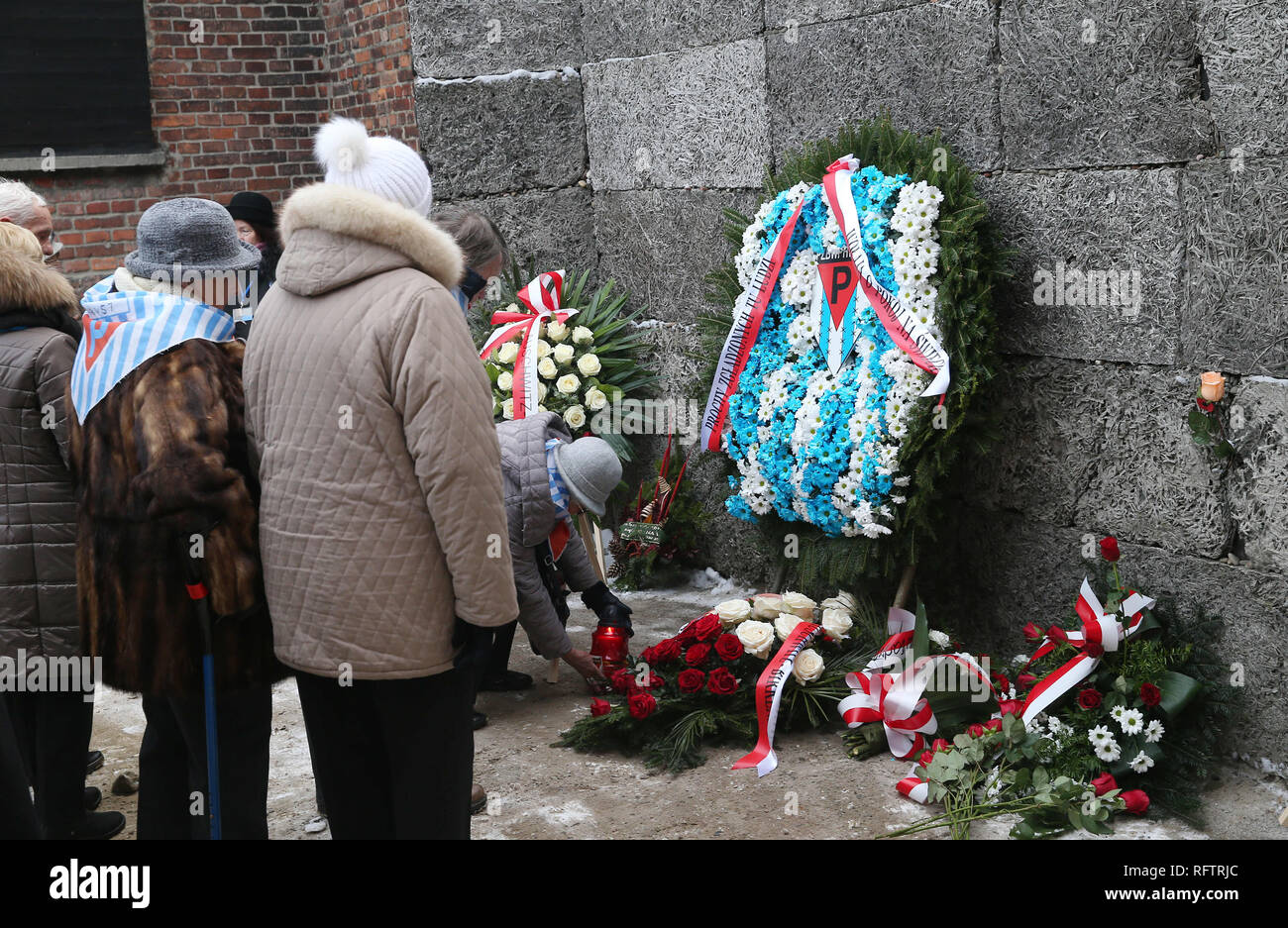 Oswiecim, Polen. 27 Jan, 2019. Ehemalige Häftlinge der Konzentrationslager Auschwitz-Birkenau. 74. Jahrestag der Befreiung von Auschwitz und Holocaust Gedenktag. Die größte deutsche Nazi Konzentrations- und Vernichtungslager KL Auschwitz-Birkenau von der Roten Armee am 27. Januar 1945 befreit. Credit: Damian Klamka/ZUMA Draht/Alamy leben Nachrichten Stockfoto